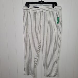Gap Linen Blend Pants Women Large Petite Elastic Waist Black White Striped New